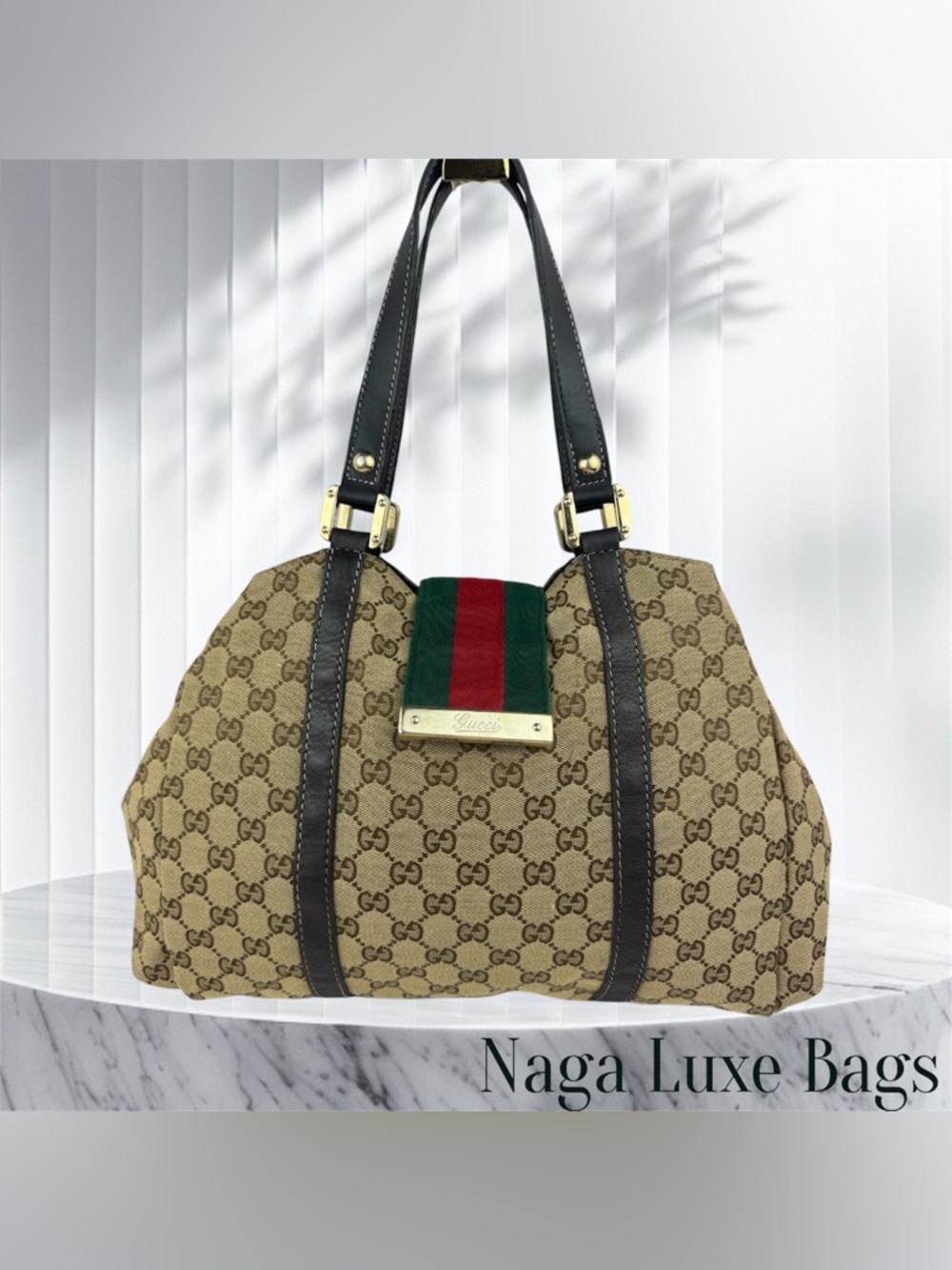 Gucci Beige GG Canvas Tote with Green and Red Web Stripe and Dark Brown Trim
